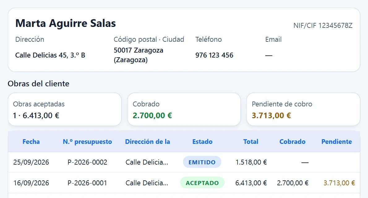 Ficha de un cliente con sus obras, lo cobrado y lo pendiente
